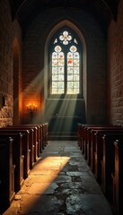Fototapeta premium Candlelight Illuminates Rustic Church Interior Warm Shadows on Aged Pews, Evoking Peace and Spirituality. Perfect for Faith, Remembrance, and Memorial Themes.
