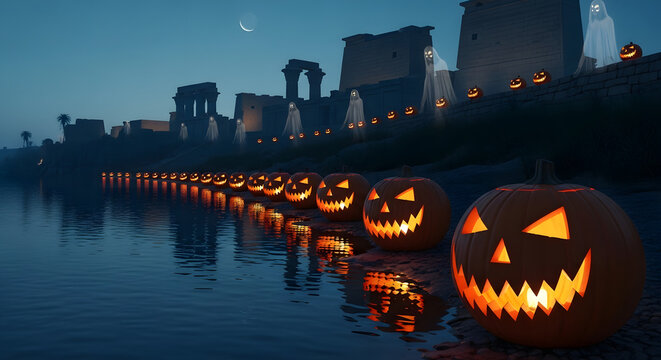Row of illuminated carved halloween pumpkins with spooky faces reflected in dark water under a twilight sky with a crescent moon