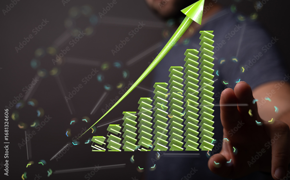 Poster stock photo of a hand interacting with a 3d bar chart showing business growth and data analytics.