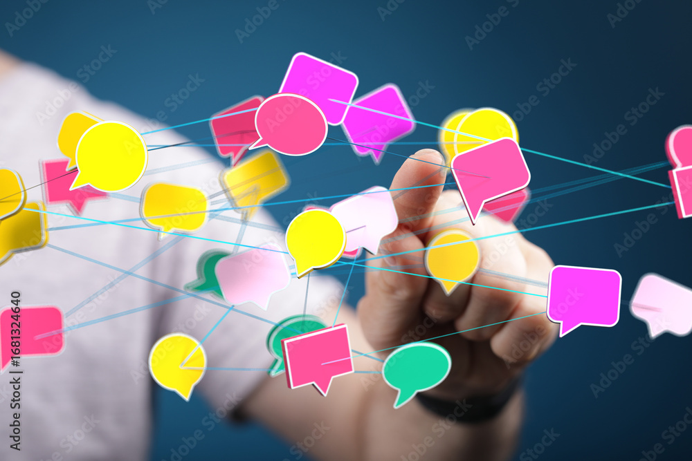 Poster colorful speech bubbles illustrate online interaction and networking.
