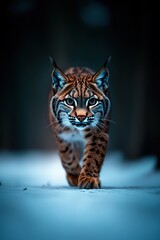 Fototapeta premium Majestic Lynx Walking Through Snowy Forest at Dusk