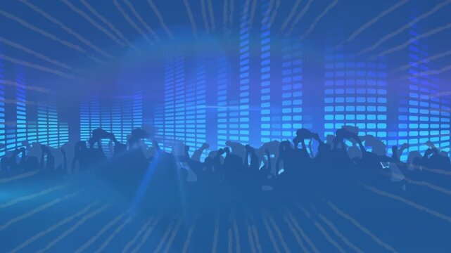Animation of blue scenic lights over dancing peoples silhouettes
