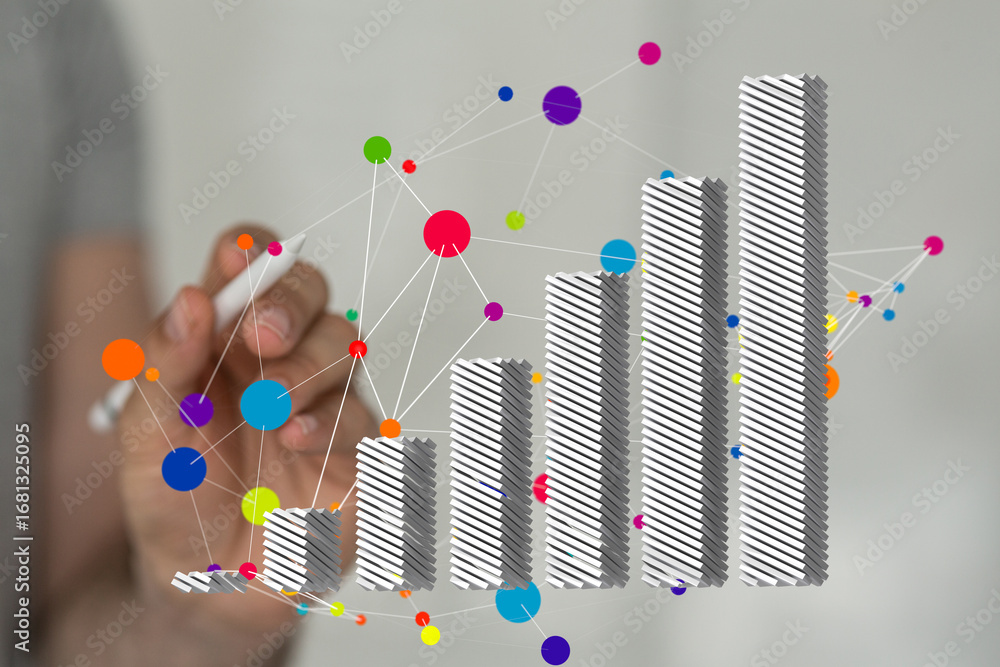Poster stock photo of hand interacting with a 3d bar chart showing growth and data points. perfect for busi
