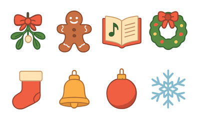 Colorful christmas icons: gingerbread, wreath, ornaments, snowflake, music, bells