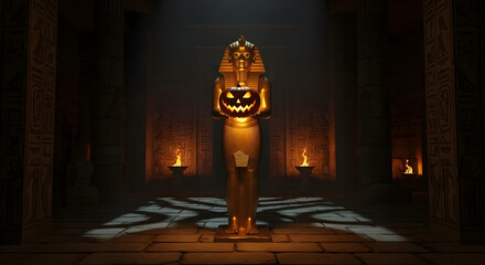 Ancient egyptian golden sarcophagus with jack o lantern face illuminated in a dark tomb with flickering torches