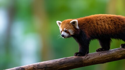 A red panda gracefully walks along a tree branch in a lush green forest, showcasing its natural habitat