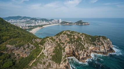 Fototapeta premium Broad view capturing extraordinary rocky coastline and lush environment