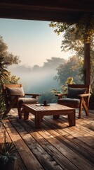 Obraz premium Sunlit Outdoor Patio with Cozy Seating and Greenery