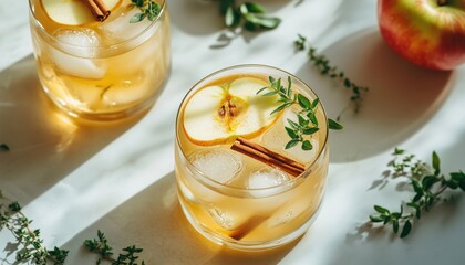 Refreshing Summer Drink: Apple, Ice, Cinnamon, And Herb Cocktail/Mocktail. Fresh And Healthy With Light And Shadow Effects In Top View.