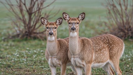 Fototapeta premium White-tailed Deer duo standing in a frosty field looking towards the lens