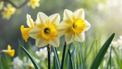 Pair of bright yellow daffodils flourishing together