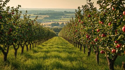 Naklejka premium Long rows of fruit trees with ripe red apples stand above vibrant green grass in a neatly arranged orchard.