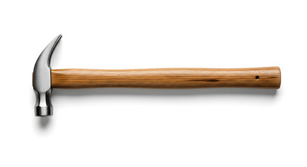 A close-up shot of a hammer with a wooden handle. The hammer lies horizontally, perfectly centered, casting a subtle shadow underneath