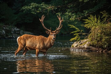 Fototapeta premium Two-year-old stag wading through a river post-meal in a forest setting with wildlife
