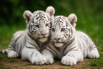 Pair of tiny white tigers lying side by side