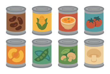 Assorted canned foods: beans, corn, soup, tomatoes, peaches, peas, spinach, mushrooms