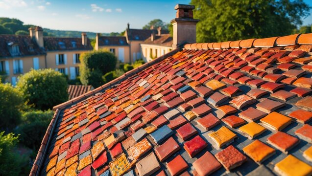 Traditional roofing with an assortment of colorful tiles