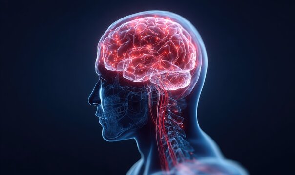 3D anatomical illustration of a human head and brain, highlighting neural pathways - Powered by Adobe