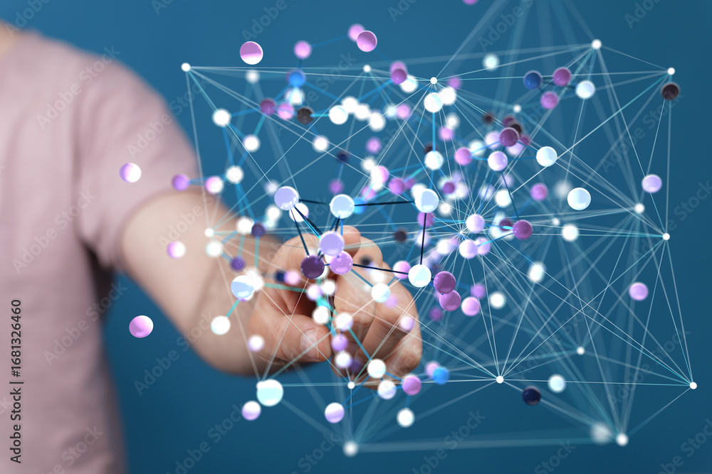 Poster abstract image of a hand interacting with a complex network. ideal for technology, ai, and connectio