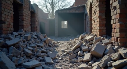 Rubble and bricks are piled up in a narrow alley