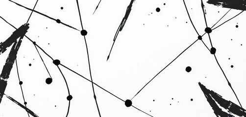Abstract monochrome geometric ink pattern Hand-drawn black and white lines, strokes, and points on textured background, illustration, vintage