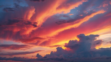 Fototapeta premium Evening sky painted with colorful sunset hues and striking storm clouds at dusk