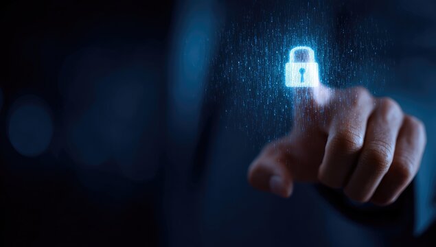 A hand, seemingly touching a glowing padlock icon, suggesting digital security - Powered by Adobe
