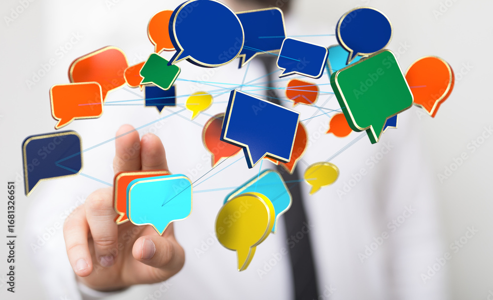 Poster abstract image of interconnected speech bubbles, representing global communication and networking.