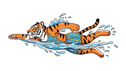 Tiger Swimming in Water: A whimsical illustration depicts a tiger playfully swimming in the water, embodying a sense of fun, enjoyment, and adventure.