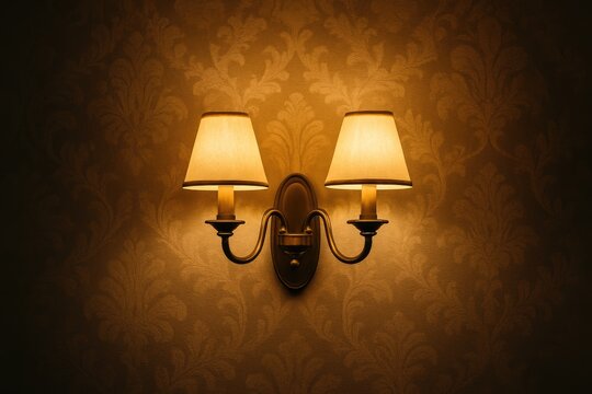Fototapeta A pair of small lights attached to a basic wall mount in low light, revealing classical wallpaper background