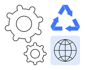 Two outlined gears, blue recycling arrows, and a globe icon. Ideal for sustainability, global unity, innovation, teamwork, environment process optimization eco-friendly solutions. Simple flat