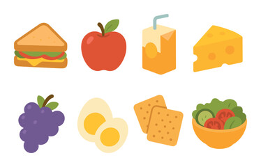 Healthy meal icons: sandwich, apple, juice, cheese, grapes, eggs, crackers, salad