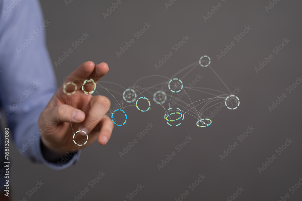 Poster a hand interacts with a digital network, visualizing global connections and teamwork. ideal for busi