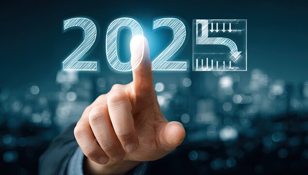 A hand presses a digital 2023, overlaid with declining data graphics, against a cityscape background
