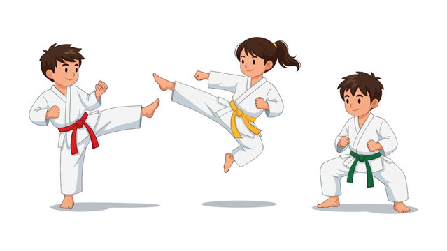 Dynamic Martial Arts Kids Illustration: Capturing the energy of martial arts, a vibrant illustration showcases three young children in their karate uniforms, each in dynamic action stances.
