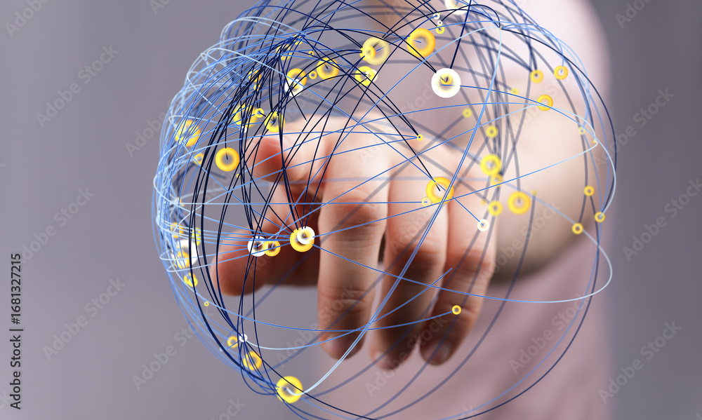 Poster abstract image of a hand interacting with a digital sphere, representing global network connections 