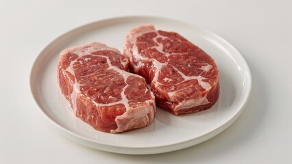 Obraz premium A Pair of Uncooked Pork Chops Served on a Dish