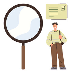 Magnifying glass, young man wearing casual attire, and completed checklist highlight focus, evaluation, task management. Ideal for analysis, research, organization, decision-making productivity