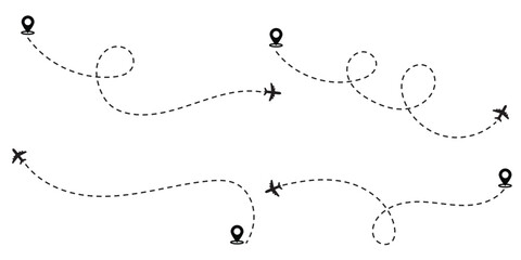 Airplane line path route travel vector concept. Plane routes dotted paths aircraft travel route start point flight destination. Plane paths. Aircraft tracking, planes, travel, map pins, location pins.
