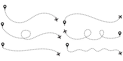 Obraz premium Airplane line path route travel vector concept. Plane routes dotted paths aircraft travel route start point flight destination. Plane paths. Aircraft tracking, planes, travel, map pins, location pins.