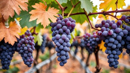 Grapevines with hanging wine grapes on a cordon just before harvest time
