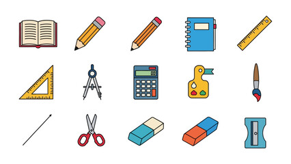 School Essentials: A curated collection of essential school supplies arranged in an illustrative style, each element meticulously rendered with bright colors and crisp details.