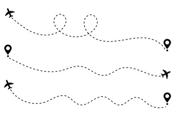Airplane line path icon of air plane flight route with start point and dash dotted line trace. aircraft location tracking in a dotted path vector illustration.