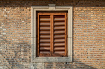 Abstract view of a sunlit window with wooden Venetian blinds against a concrete and brick wall