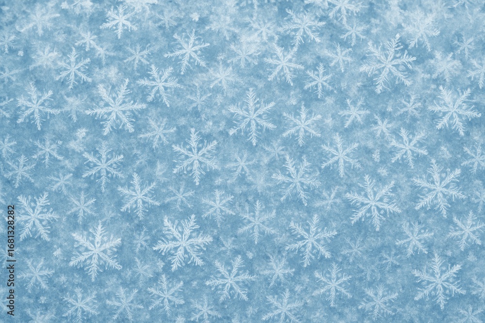 Poster close-up image capturing intricate snowflake patterns with a wintery frosty background and snow text