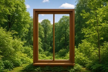 Fototapeta premium A window frame situated amidst a vibrant woodland garden