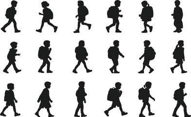 Child walking, silhouette, motion sequence, backpack, biomechanics, animation reference, walking cycle, side view, vector art, black and white, illustration, movement study, walking pose, child motion