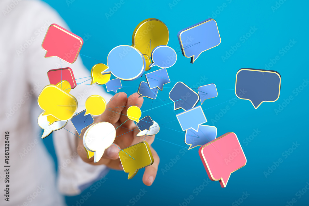 Aufkleber conceptual image of interconnected speech bubbles representing global communication and networking.