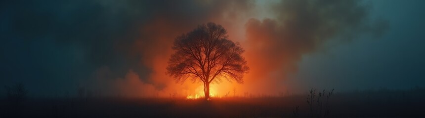Obraz premium Tree in a field with a fire in the background