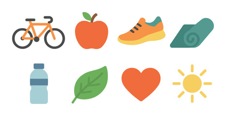Glowing icons of healthy lifestyle: bicycle, apple, sneakers, yoga mat, water, leaf, heart, sun